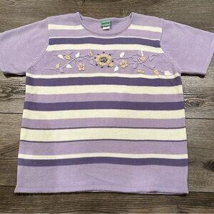 Women’s Sara Morgan For Haband Size L Short Sleeve Purple Embroidered Sweater